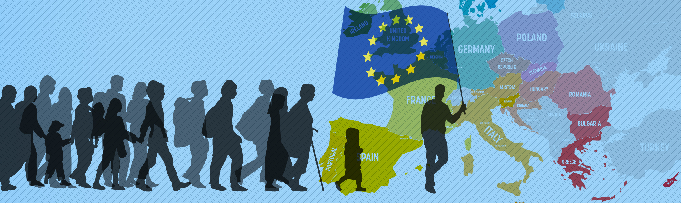 Composición mapa de la UE con un grupo de personas superpuesto donde el primero porta la bandera de la UE