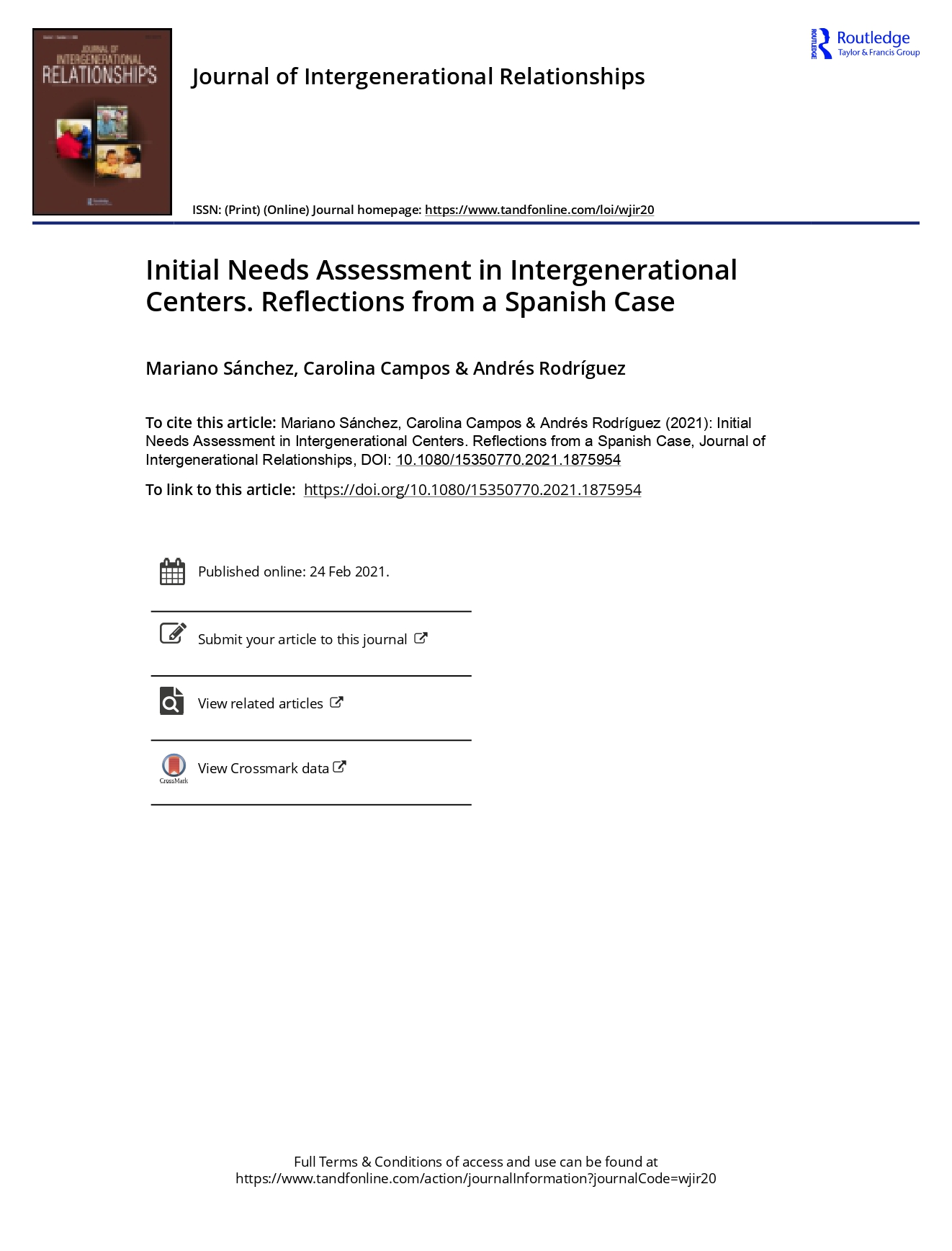 Initial Needs Assessment in Intergenerational Centers. Reflections from a Spanish Case (Journal of Intergenerational Relationships)