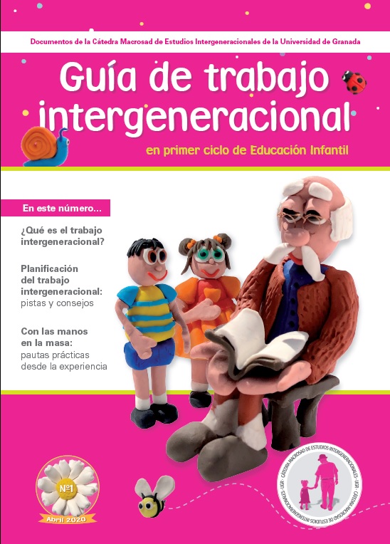 Cartel presentación Guía de Trabajo Intergeneracional donde aparecen muñecos de plastilina representando a un abuelo leyendo un cuento a sus nietos