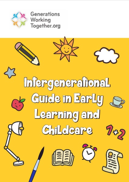 Cartel presentación de la Guía de Trabajo Intergeneracional en inglés en la que se pueden observar varios dibujos sobre un fondo amarillo