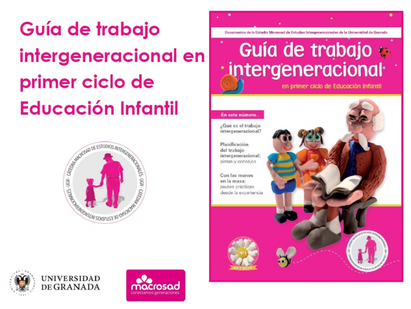 Cartel extendido guía trabajo intergeneracional Extensión del cartel presentación Guía de Trabajo Intergeneracional donde aparecen muñecos de plastilina representando a un abuelo leyendo un cuento a sus nietos