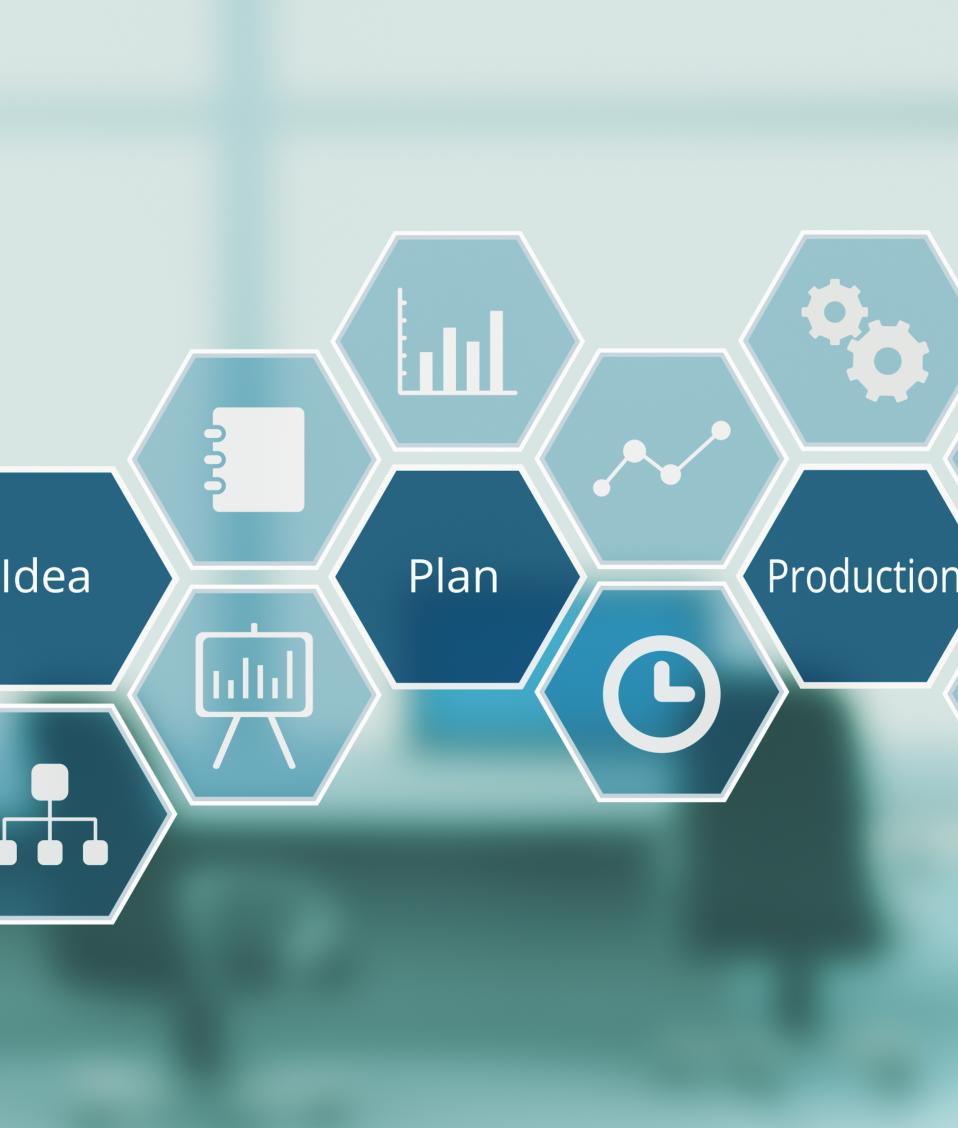 Diagrama concepto de gestión de proyectos, idea - plan - producción y lanzamiento
