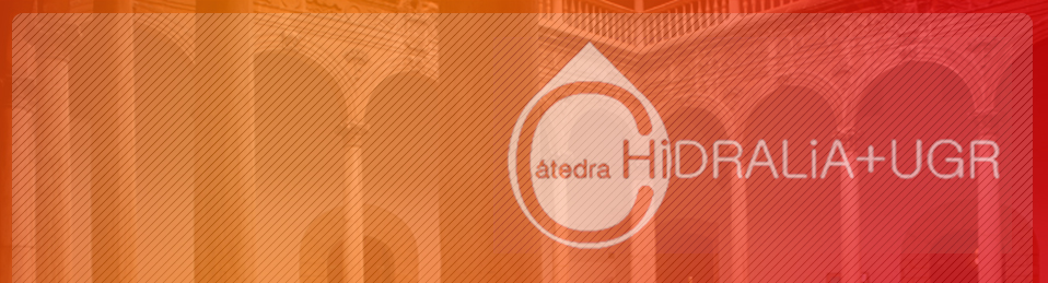 Imagen botón decorativa Cátedra Hidralia, patio del Hospital Real con logo superpuesto en tonos naranjas y rojos