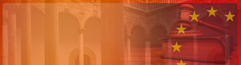 Imagen botón decorativa Cátedra Jean Monnet sobre Derecho Constitucional, patio del Hospital Real con imagen superpuesta en tonos naranjas y rojos