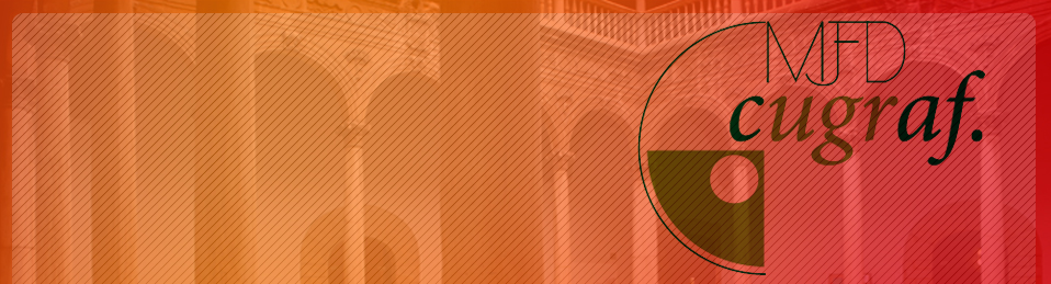 Imagen botón decorativa Cátedra María José Faus Dáder de Atención Farmacéutica, patio del Hospital Real con logo superpuesto en tonos naranjas y rojos