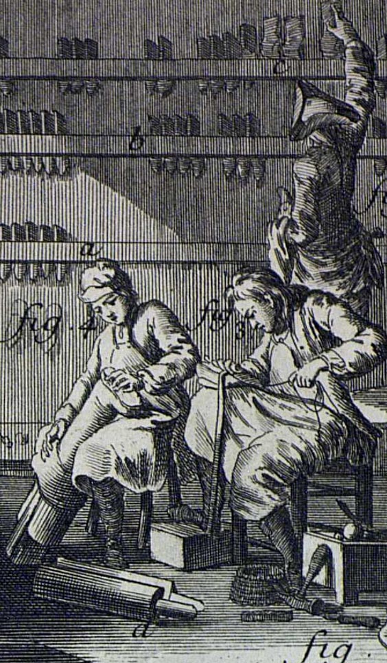 Ilustración antigua en la que aparecen tres personas trabajando