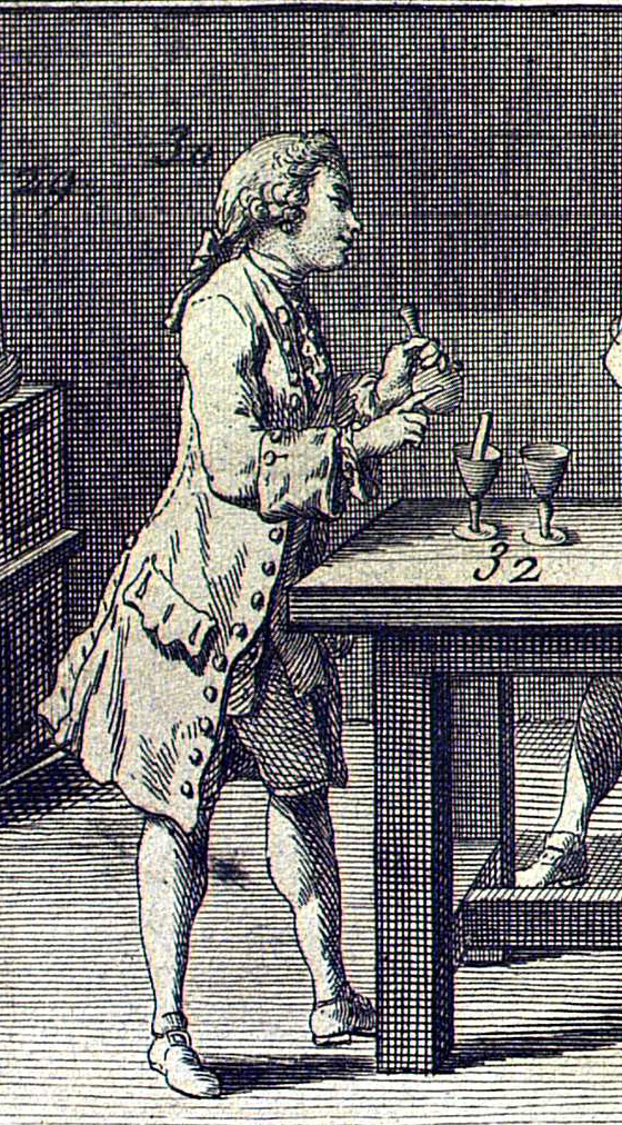 Ilustración antigua de un hombre, junto a él una mesa con 2 copas