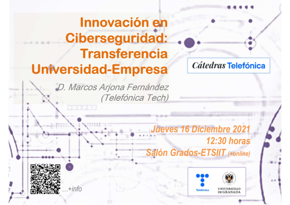 Cartel informativo de la charla Innovación en Ciberseguridad: Transferencia Inversidad-Empresa