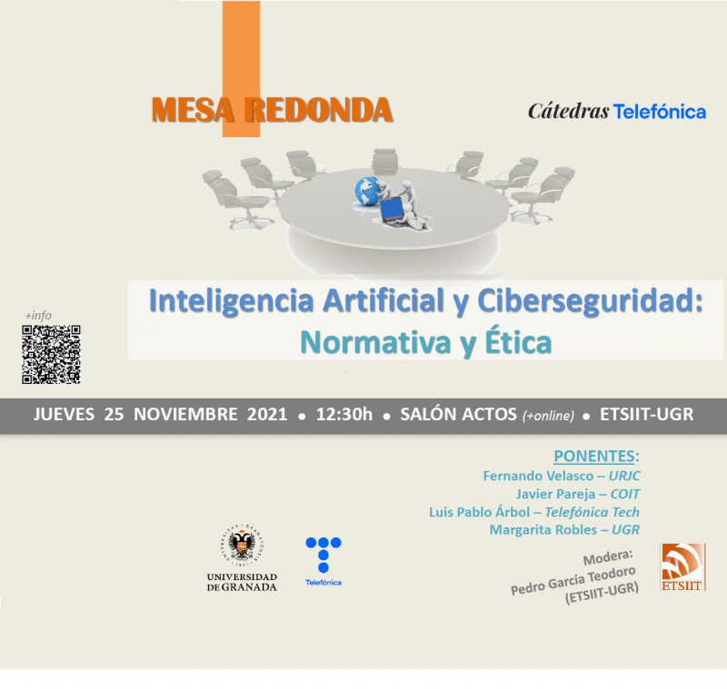 Cartel de mesa redonda sobre IA, ciberseguridad: normativa y ética Cartel de mesa redonda sobre IA, ciberseguridad: normativa y ética